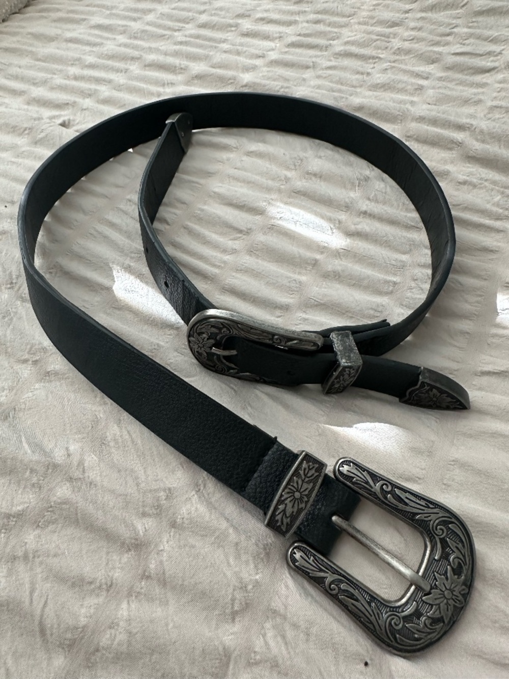 Western Black Leather Belt with Silver Buckles